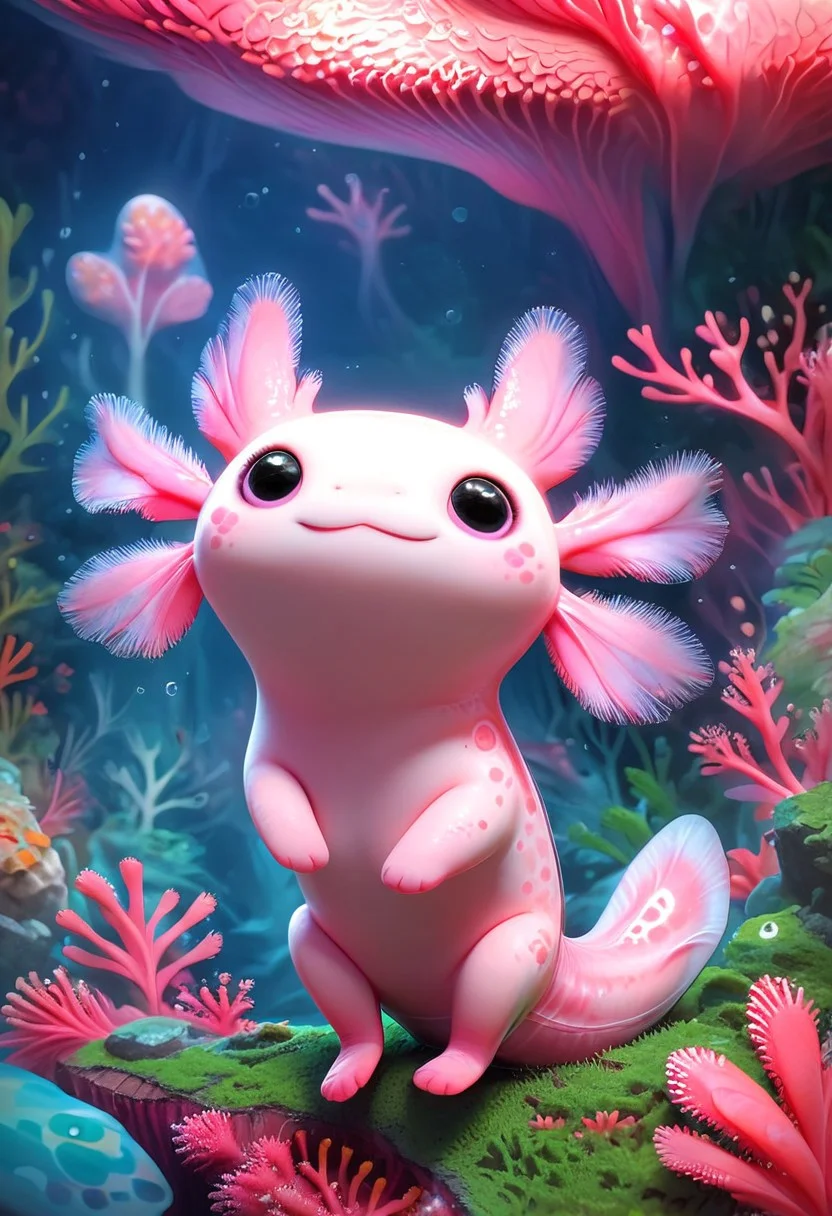 score_9, score_8_up, score_7_up, AxolotlWorldXLP, Expressiveh, very detailed, high quality, solo, 1 cute axolotl girl, feral, pale pink skin, thick tail, undersea background, coral, realistic, 3d
