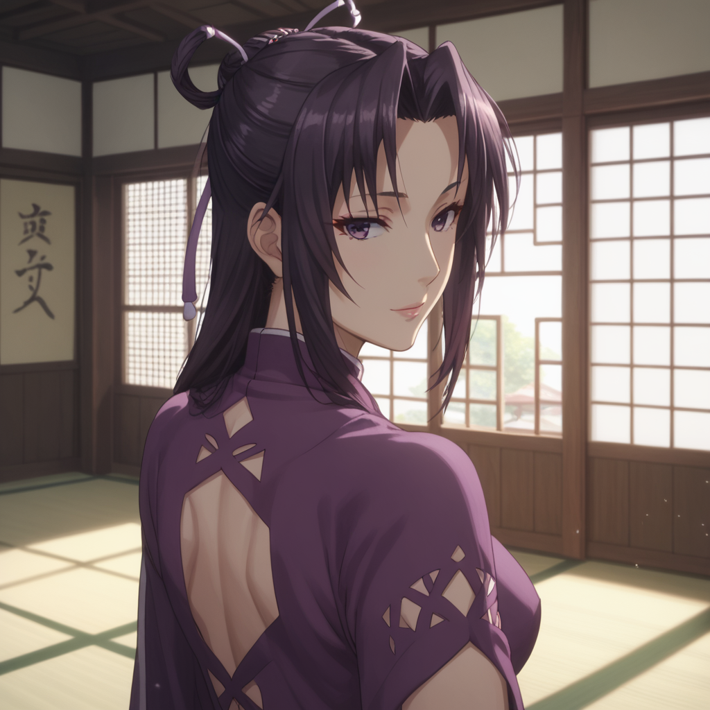 <lora:SlimesKazehana:1>, score_9, score_8_up, score_7_up, slimes_kazehana, woman, solo, dojo background