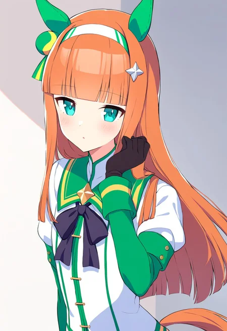SilenceSuzuka,horse girl, green horse ears, green ear covers, horse tail, turquoise eyes, flat chest, slender, hime-cut, orange long hear, blunt bangs, shiny hair, white hearband, hair ornament,1girl,small breast, upper body,room,bedroom, plush toy in hand,