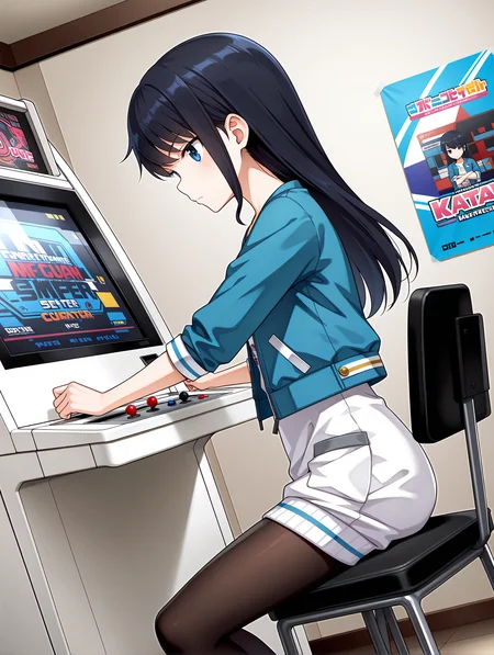 masterpiece,best quality,newest,
1girl,solo,
<lora:k_mutsumi_ilxl_v1.0:1>,k_mutsumi,black hair,long hair,blue eyes,
k_a_s,blue,sweater dress,black_pantyhose,
<lora:Fixhands_anime_bdsqlsz_V1:1>,<lora:gamecenter_pony_V1:1>,game_center,scenery,japan,arcade cabinet,chair,indoors,poster (object),serious,looking ahead,sitting_on_chair,dynamic_angle,cinematic_angle,dutch angle,cowboy_shot,