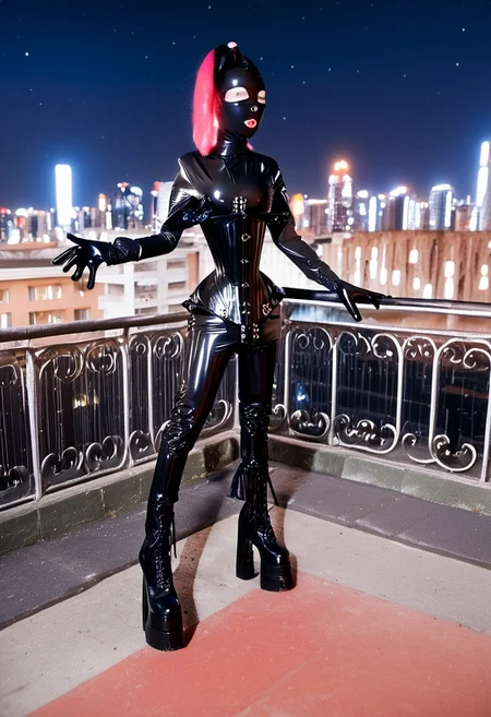 1 girl , black latex bodysuit, 20 yo female, slim body, fullbody picture, rubber catsuit, HW_Corset, gloves, latexHood, multicolored neon ponytailhair ponytailHair, tight black rubber suit, double platform boots, knee boots, holding an assault rifle, a city at night,