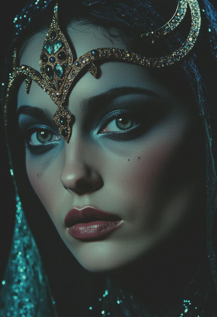 ArsMovieStill, 80s Fantasy Movie Still, In the depths of a mystic reverie, a enchantress materializes, her presence a whispered secret in the velvet dreams. Her eyes, like shattered emeralds, glimmer with an unholy light, as if the very essence of the forest has been distilled into their piercing gaze. A lace-like veil, a gossamer whisper of forgotten dreams, clings to her skin like a damp, moonlit mist, casting an eerie, silvered glow across her features. The light that bathes her is a crazed, flickering thing, a mad dance of sunbeams and shadowy tendrils that twist and writhe like living serpents around her face. Upon her head, a crown of jagged, chrome splinters reigns, its diamonds flashing like a riot of fireflies on a summer's night, as a diamond-encrusted necklace slithers around her neck like a glittering, venomous serpent. A face ornament, a delicate, bejeweled latticework, sprawls across her cheeks and forehead like a mad, its silver chains and diamonds glinting with a manic, fevered light, as if the very fabric of reality has been torn asunder to reveal a glimpse of the surreal, dreamlike realm that lies beyond. And yet, amidst this maelstrom of color and light, the enchantress remains, a serene, unyielding presence, her gaze a cold, dark mirror that reflects the very soul of the viewer, drawing them in with an otherworldly allure, a siren's call that beckons them deeper into the heart of the madness. faded 80s movie style