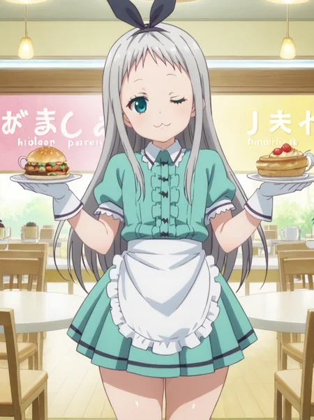 detailed background, shiny skin,
<lora:hideri.pony:1>
hideri, 
thick thighs, 
one eye closed, idol pose,  standing, 
facing viewer, 
cafe,