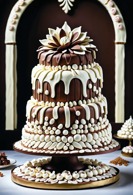 A giant cake made out of ,Jed-ChocoC, chocolate, cereals, <lora:last:0.7> decorated with Jed-whtccae, <lora:WhiteChocoStyle-000005:0.6> in art nouveau style the cake is bordered by Jed-mrshmlw, <lora:MarshmallowStyle-000007:0.5>, the topping of the cake is cream and in inside of the cream there is a flower made out of Gingerbread, icing, <lora:GingerbreadStyle_epoch_10:0.6>, standing on a table , masterpiece, sharp and in focus, photorealistic