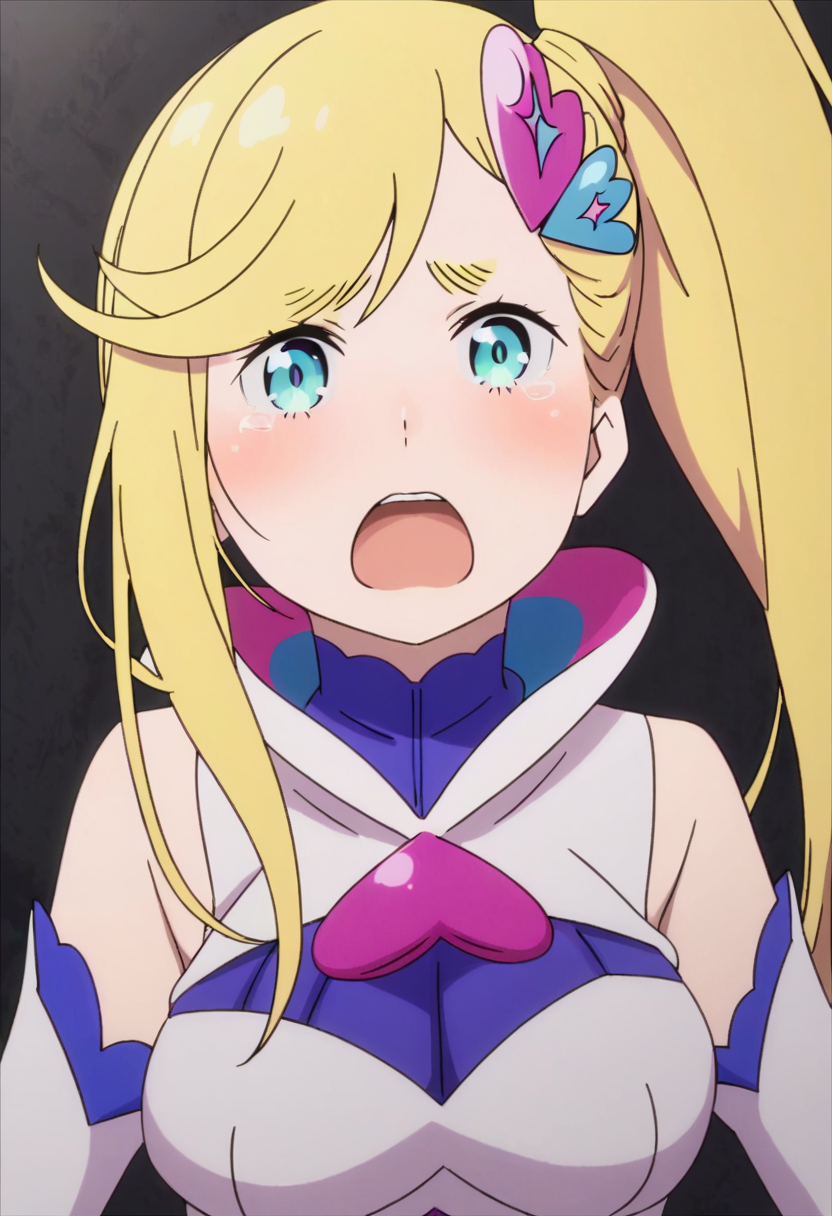 <lora:minerva_(rezero):1> minerva, 1girl, blonde hair, solo, heart hair ornament, side ponytail, open mouth, hair ornament, looking at viewer, long hair, heart, blue eyes, anime coloring, parody, tears, detached sleeves, upper body, magical girl, blush