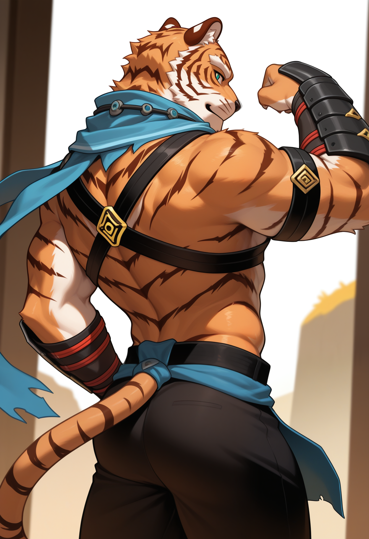 masterpiece,best quality,amazing quality, 1boy, solo,  p4ng, vambraces, orange tail, black pants, tiger boy, black strap, blue scarf, blue loincloth, cowboy shot, looking back, pose,