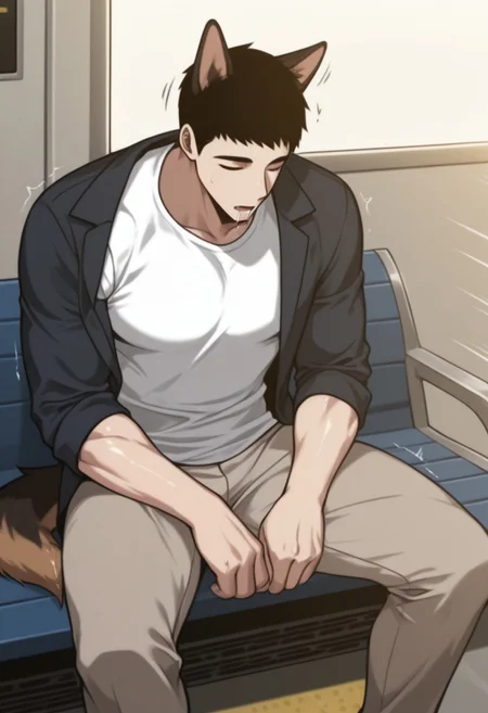 masterpiece, best quality, amazing quality, very aesthetic, absurdres, newest, detailed background, warm natural lighting, lively and bustling atmosphere, background details visible, shiny skin, indoor, train station, chinese background, 
hyunsunglee, 1boy, solo, male focus, short hair, sleeping, muscle body, t-shirt, blazer, brown pants, sneaker, saliva, sitting on bench, motion lines, twitching, ((dog ear:1.2), (dog tail:1.2), german shepherd)
