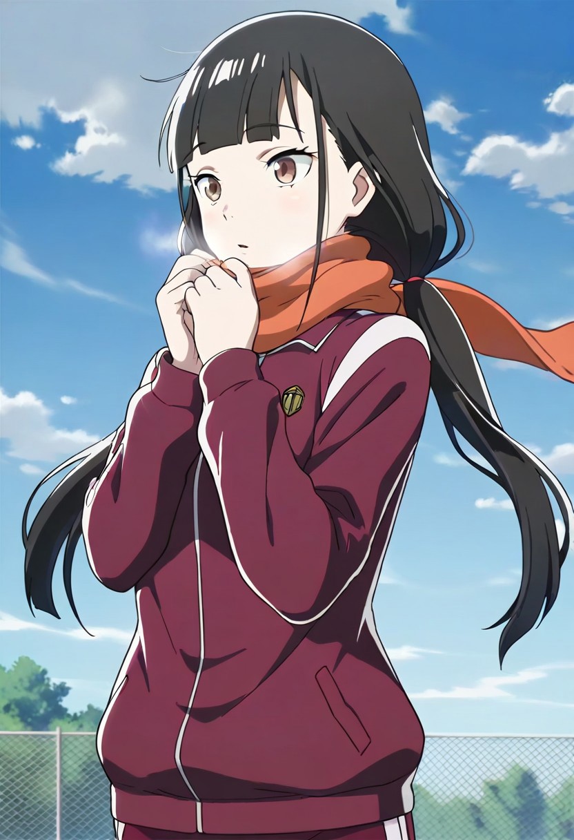 masterpiece,best quality,amazing quality, kobuchizawa shirase, long hair, black hair, reddish-brown eyes, 1girl, solo, twintails, scarf, sky, cloud, day, fence, track jacket, jacket, low twintails, blue sky