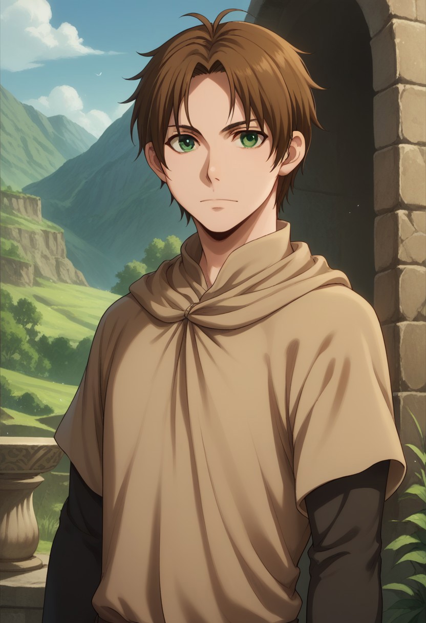 score_9, score_8_up, score_7_up, source_anime, highly detailed, 
elam, 1boy, male focus, solo, brown hair, green eyes, tunic, upper body, short over long sleeves, looking at viewer, smile, closed mouth, slender, skinny, pants,
indoor, persia, persian, frown,