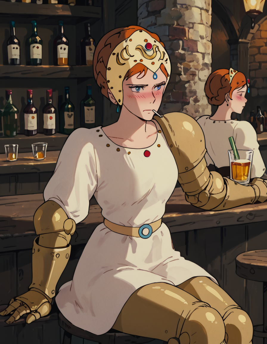 score_9, score_8_up, score_7_up, PrincessKushana, armor, sitting, bar, drinking ale, blush, drunk,
