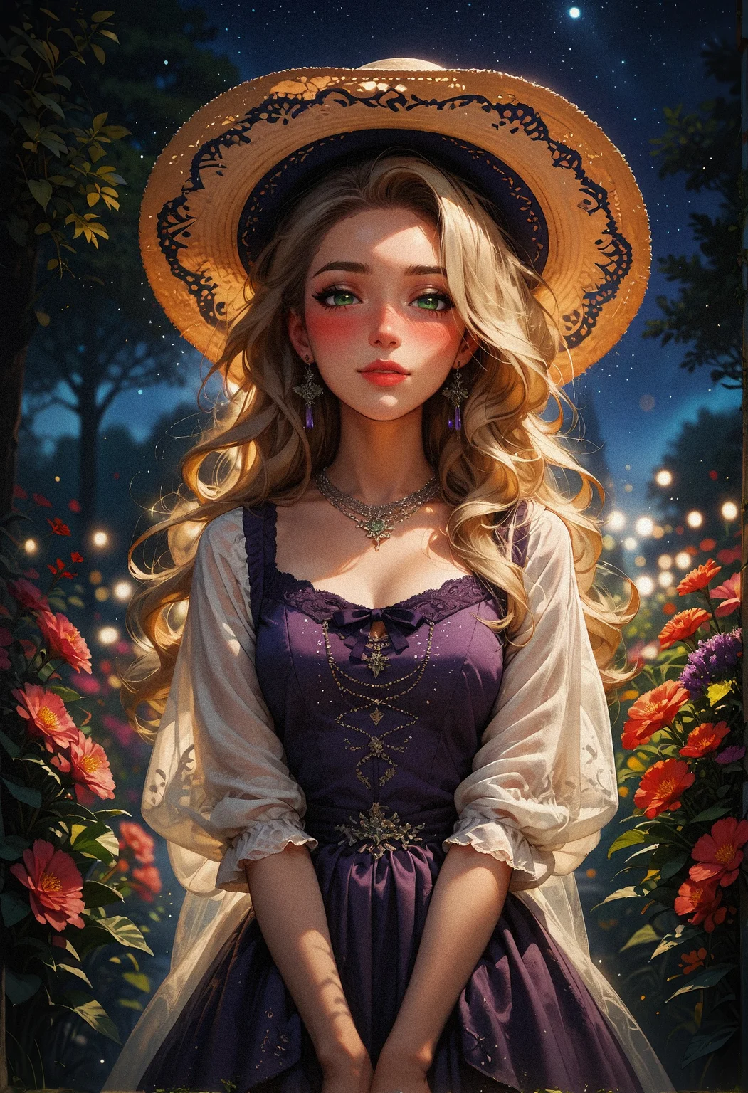 score_9, score_8_up, score_7_up, score_6_up, score_5_up, score_4_up, 1woman, (beautiful face, cute face, 18 years old), blonde, long straight hair, outdoors, plants, flowers, soft lighting, smiling, blush, looking at viewer, nose blush, green eyes, hands between knees, leaning forwards, night, bokeh, moonlight, tan skin, standing <lora:sdxl\Expressive_H-000001:0.6>, expressiveH <lora:sdxl\vixon_pony_gothic_neon:0.4> <lora:sdxl\incase_style_v3_ponyxl_ilff:0.3> <lora:sdxl\sinfully_stylish_SDXL:0.4> <lora:sdxl\wrenchrococodomepdxl-000007:0.8>, purple wrenchrococodome, purple gown, hat
