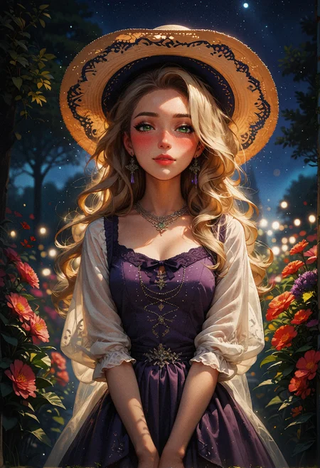 score_9, score_8_up, score_7_up, score_6_up, score_5_up, score_4_up,   1woman, (beautiful face, cute face, 18 years old), blonde, long straight hair, outdoors, plants, flowers, soft lighting, smiling, blush, looking at viewer, nose blush, green eyes, hands between knees, leaning forwards, night, bokeh, moonlight, tan skin, standing  <lora:sdxl\Expressive_H-000001:0.6>, expressiveH <lora:sdxl\vixon_pony_gothic_neon:0.4> <lora:sdxl\incase_style_v3_ponyxl_ilff:0.3> <lora:sdxl\sinfully_stylish_SDXL:0.4> <lora:sdxl\wrenchrococodomepdxl-000007:0.8>, purple wrenchrococodome, purple gown, hat