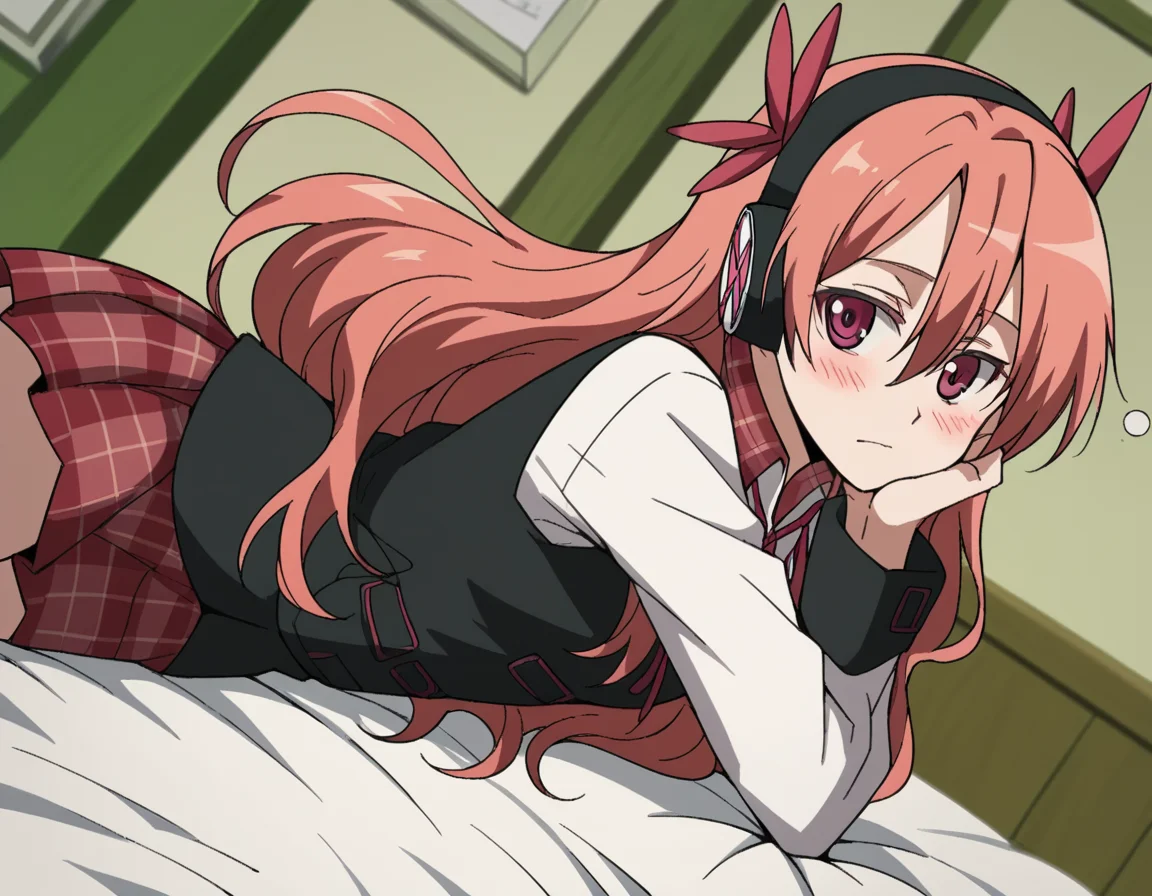 score_9, score_8_up, score_7_up, source_anime,
agkchelsea, <lora:agk-chelsea-s1-ponyxl-lora-nochekaiser:1>,
chelsea, pink eyes, hair between eyes, long hair, pink hair, straight hair,
collared shirt, diagonal stripes, dress shirt, hair ornament, headphones, long sleeves, neck ribbon, plaid, plaid skirt, pleated skirt, red ribbon, red skirt, ribbon, shirt, skirt, striped, vest, white shirt, wing collar,
indoors, bed, bed room, on side, blush, drunk,
cowboy shot, solo, dutch angle, looking at viewer,