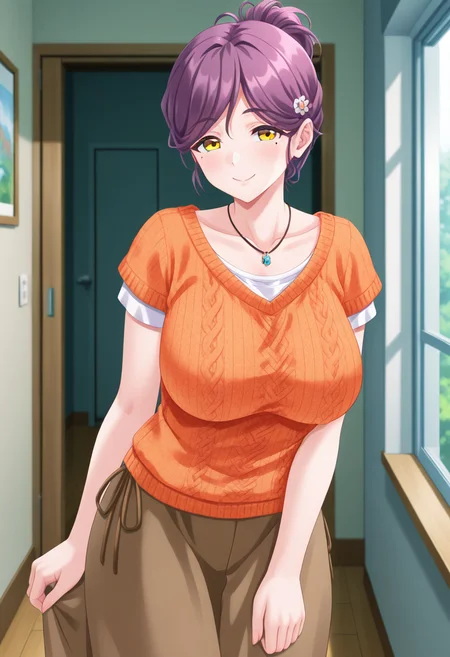 masterpiece, best quality, amazing quality, absurdres, 1girl, solo, cowboy shot, mitsukiww, mature female, yellow eyes, purple hair, short hair, single hair bun, hair ornament, mole under eye, large breasts, necklace, orange sweater, shirt under sweater, short sleeves, brown skirt, looking at viewer, smile, indoors, day, skindentation, detailed clothing folds, depth of field, sharp, high contrast, dynamic light <lora:Shirakawa_Mitsuki_Otome_Chibaku_Yuug_ill:0.8>