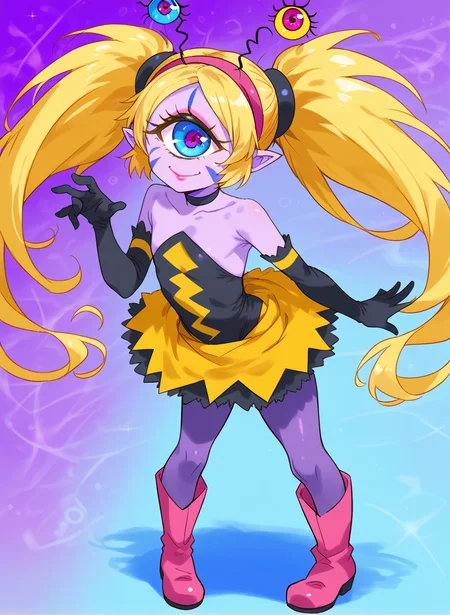 smile, full body, solo, <lora:eyeone_pony:1>eyeone, blonde hair, blue eyes, pointy ears, colored skin, twintails, cyclops, one-eyed, hairband, gloves, purple skin, elbow gloves, choker, makeup, bare shoulders, black gloves, facial mark, flat chest, pantyhose, lipstick, monster girl, antennae, eyeshadow, long hair, dress, skirt, leotard, sleeveless, boots, hair ornament, pink footwear, striped, standing,