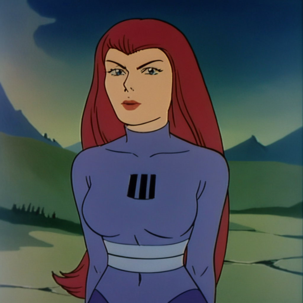 score_9_up, score_8_up, BREAK, GravityGirl, 1girl, solo, red hair, long hair, blue eyes, purple bodysuit, upper body, <lora:GravityGirl_HannaBarbera_PXL_Leaf2:1>, outdoors, looking at viewer, retro artstyle,