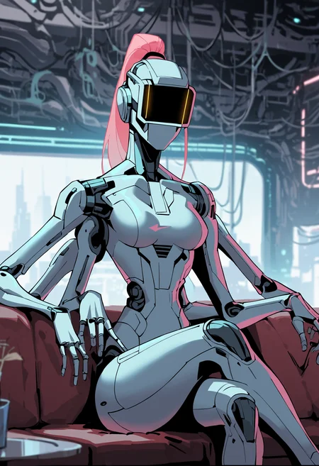 score_9, score_8_up, score_7_up, depth of field, raw, highly detailed, 1girl, solo, medium breasts, female robot, robot girl, (extra arms, four arms, multiple arms:1.1), tall, slim, (head screen), (long pink ponytail), luminescent futuristic screen, window, futuristic city in the background, medium breasts, chest, thighs, metal body, vivid colors, neon glow, moody lighting, futuristic apartment, couch, sofa, table, curtains, crossed legs, high contrast,
<lora:scav3ngersV4_epoch_2:1>,