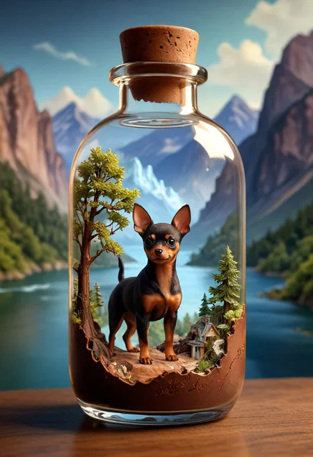 cinematic, micro shot, dog in a bottle(pinscher miniature), min pin(chocolate and tan color), extreme close up inside the big magical bottle, brown miniature pinsher contained inside the bottle, detailed landscape with trees and mountains and rivers inside the bottle, there should be mist and smoke inside the bottle, intricate, blurry dark background, <lora:add-detail-xl:1>, <lora:sdxl_lightning_8step_lora:1>, <lora:detailed_notrigger:1>