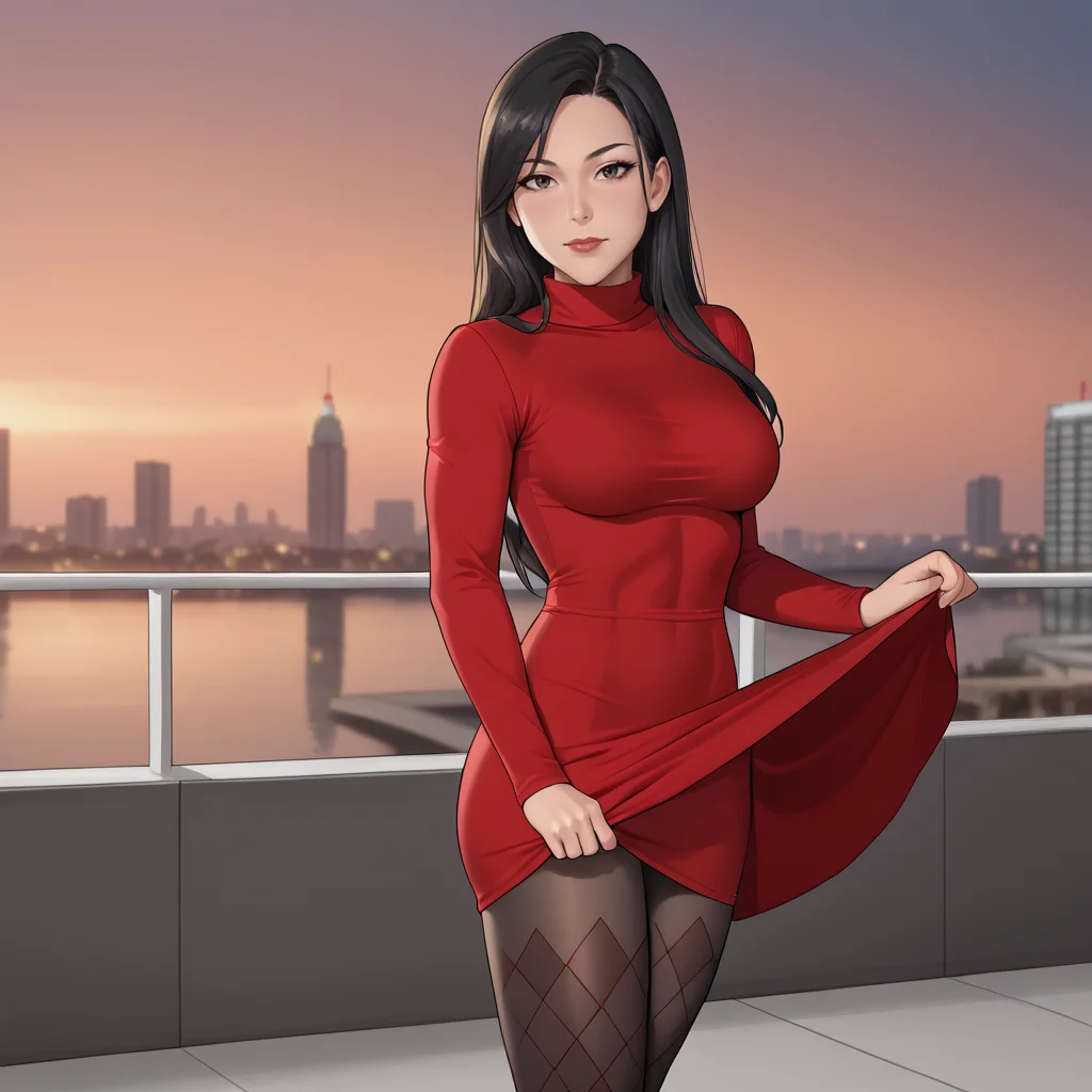 <lora:superwomanfanart_pony_v1:.8>  Superwoman, solo, 1girl, muscles, breasts, hair between eyes, black long hair, <lora:0965 Home wear 12_v1_pony:1> ruanyi0965,red dress,short dress,black pantyhose,argyle legwear,turtleneck,dress lift,bottomless,long sleeves
