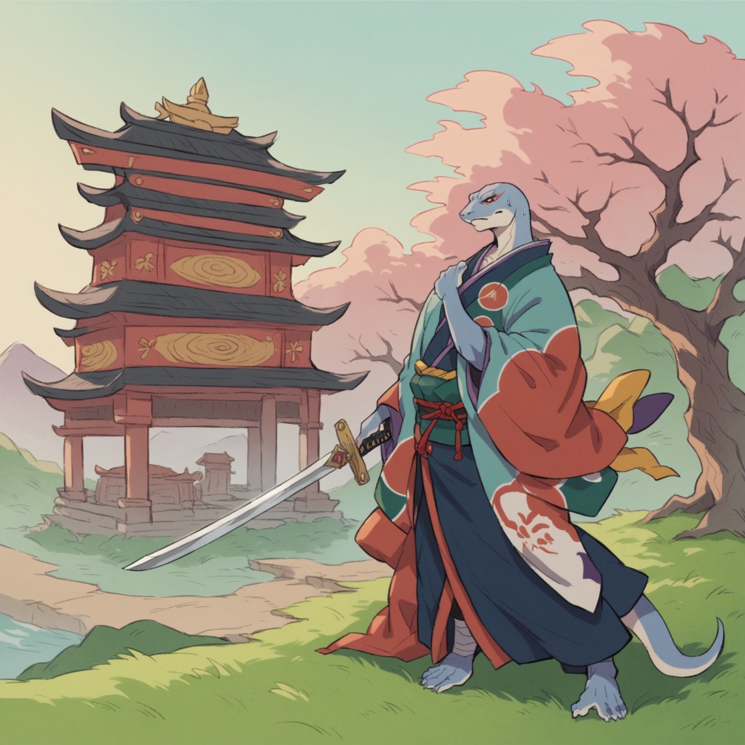 score_9, score_8_up, score_7_up, mononoke, snake, reptile, scalie, furry, anthro, male. samurai, feudal, east asian clothing, japanese clothing, clothing, pose, odashi, melee weapon, temple, sword, weapon, warrior, holding weapon