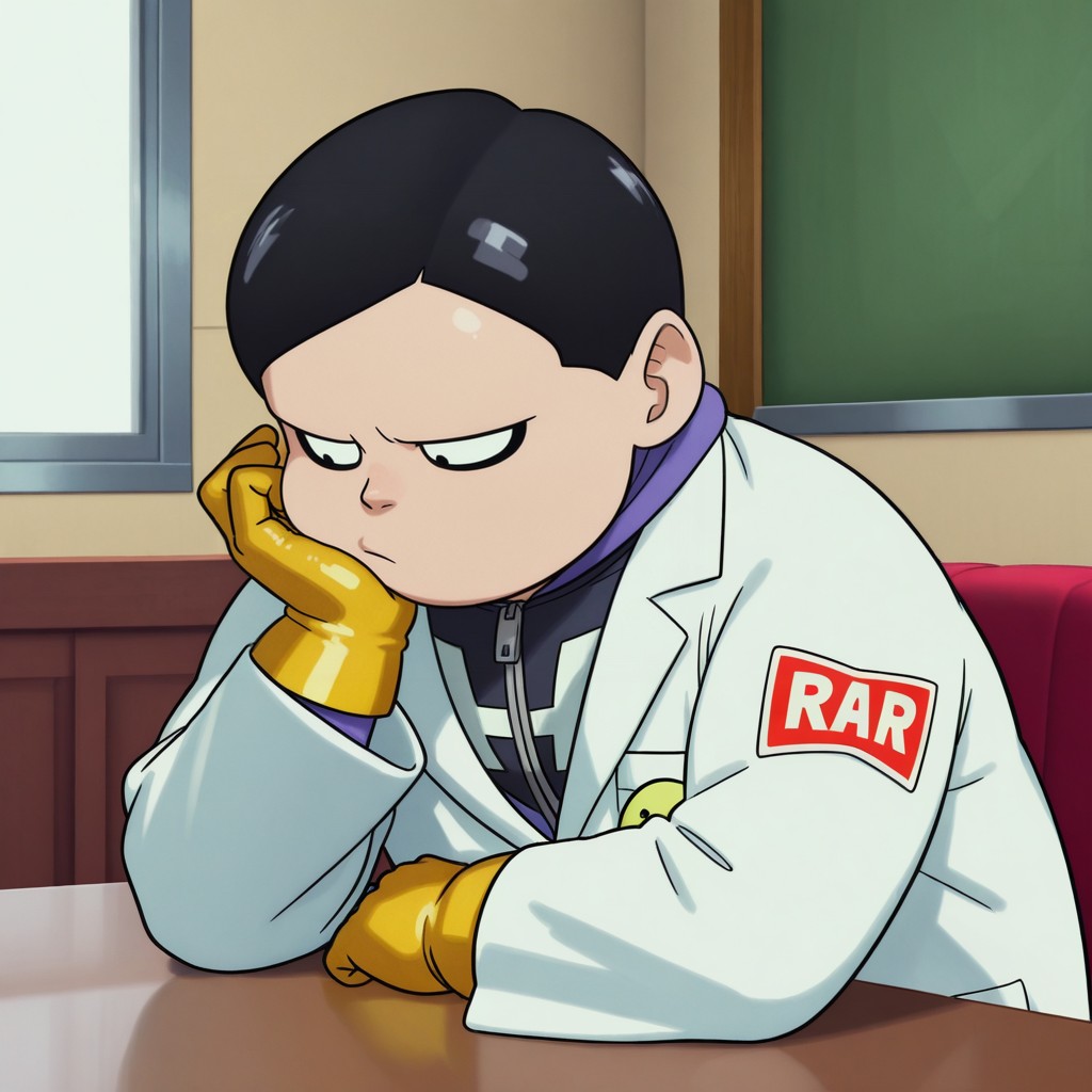 masterpiece, best quality, amazing quality, drhedo, 1boy, male, solo, human, short hair, black hair, black eyes, black eyeliner, short, chubby, purple and black costume, zipper, yellow gloves, yellow belt, yellow boots, white lab coat, blue pants, sitting down, at table, bored, resting head on hand, indoors, meeting room