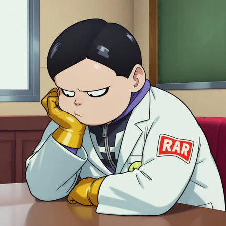 masterpiece, best quality, amazing quality, drhedo, 1boy, male, solo, human, short hair, black hair, black eyes, black eyeliner, short, chubby, purple and black costume, zipper, yellow gloves, yellow belt, yellow boots, white lab coat, blue pants, sitting down, at table, bored, resting head on hand, indoors, meeting room