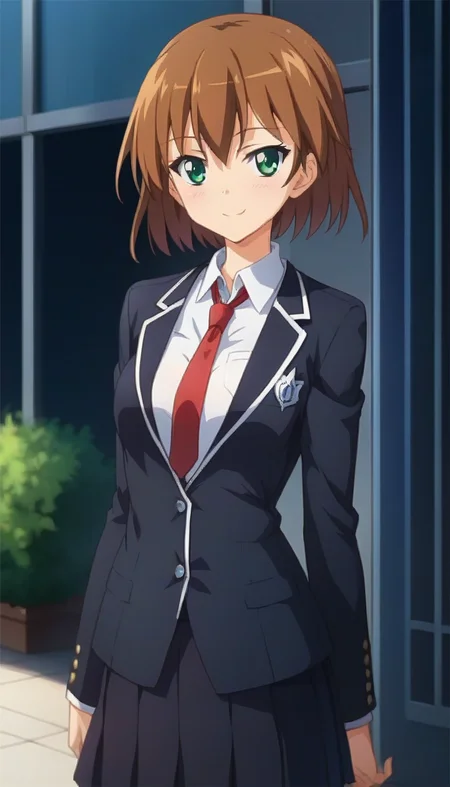 score_9,score_8_up,score_7_up,score_6_up BREAK official art,solo,outdoors,upper body,(portrait:1.5),looking at viewer,facing viewer,smile,blush,Natsume Makino,short hair,brown hair,hair between eyes,bangs,green eyes,school uniform,black jacket,blazer,collared shirt,white shirt,red necktie,medium breasts,skindentation,long sleeves,black skirt,pleated skirt,zettai ryouiki,black thighhighs,loafers,<lora:Natsume Makino(oc2)-Pony:1.6>,