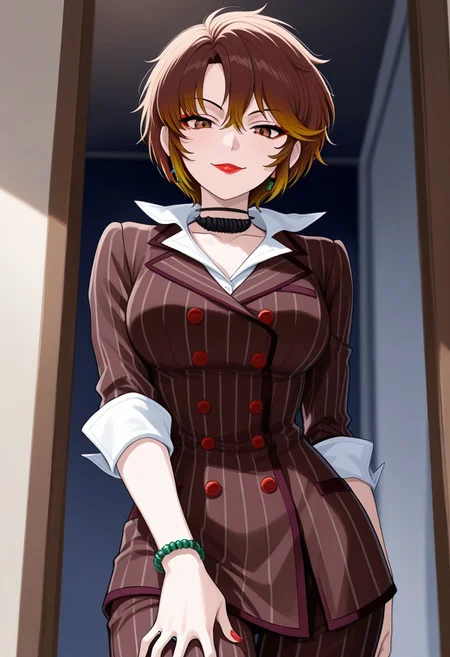 masterpiece, best quality, 1girl, looking at viewer, smile, cowboy shot, assertive female, office
 <lora:zs_ReihoILLU:1> reids, multicolored hair, brown hair, blonde tips, short hair, pinstripe suit, brown suit, pinstripe pants, white shirt, lipstick, makeup, eyeshadow, nail polish, earrings, bracelet, black choker, ring
