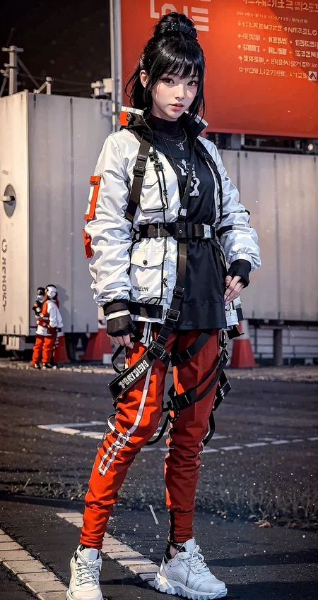 (original: 1.2), (far shot), (realistic: 1.3) (mixed Korean), masterpiece, best quality, beautiful clean face, fullbody, 1girl, teenager, wearing black techwear jacket and orange trousers with buckle and tape, (crystal necklace), posing for a picture, (red braided bun), long legs, big happy warm smile, on the street <lora:urbansamuraiv3testing:0.8> ulzzang-6500-v1.1 <lora:koreanDollLikeness_v15:0.2>
