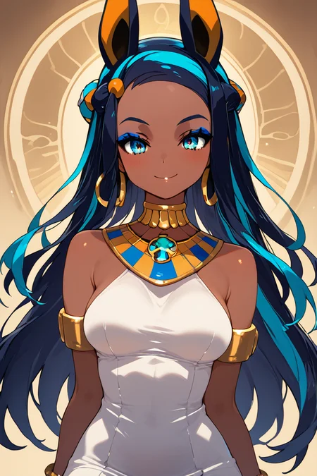 score_9, score_8_up, score_8, medium breasts, (curvy), cute, eyelashes, ,,, , aaAnuNessaCitron, blue eyes, eyeshadow, animal ears, black hair, blue hair, hair bun, long hair, multicolored hair, two-tone hair, dark skin, forehead, sidelocks, dress, bare shoulders, jewelry, earrings, white dress, armlet, hoop earrings, bracelet, <lora:AnubisNessaPDXL:1.0>, , BREAK, smile, looking at viewer, cowboy shot, ,,, embedding:zPDXL, Expressiveh, ,,, <lora:Zankuro_Style_PDXL:0.8> <lora:SDXLFaeTastic2400:0.5>, <lora:Expressive_H-000001:0.4>,
