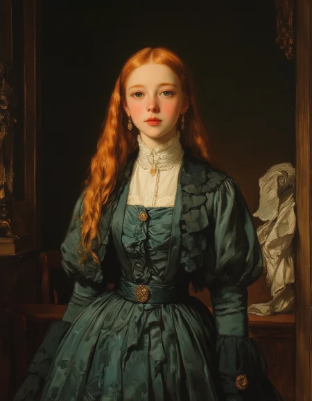 oil painting of style of a graceful 12 year old girl wearing a silk Victorian dress that is corseted, hooped, and bustled. She has red hair, blue eyes, and very pale white skin. She is standing in the bedroom of Victorian house. She is graceful, poised, and sure of herself. Her delicate face has a soft yet confident expression with a slight smile, her eyes focused and alluring. She looks like a fashion model. Masterful painting, oil on canvas, Focus on the girl, shadow and light, Masterpiece, intricate lines, intriguing atmosphere, sharp magnificent details, delicate features, elaborate details, (2/3 rule composition:0.5), ultra detailed, romantic, Rembrandt lighting, brush stroke, lovely, del1cate_balance style, FS, in the style of Rembrandt. vantablack <lora:style_of_Rembrandt_FLUX_135:.8> <lora:- Flux1 - vanta_black_V2.0:.4> <lora:FS_v2:.6> <lora:Delicate_Balance:.3> <lora:neeeg_f1:-1> <lora:Midjourney_Whisper_Minimal:.3> <lora:MoriiMee_Gothic_Niji_Style__FLUX_LoRA_Test_2:.95>