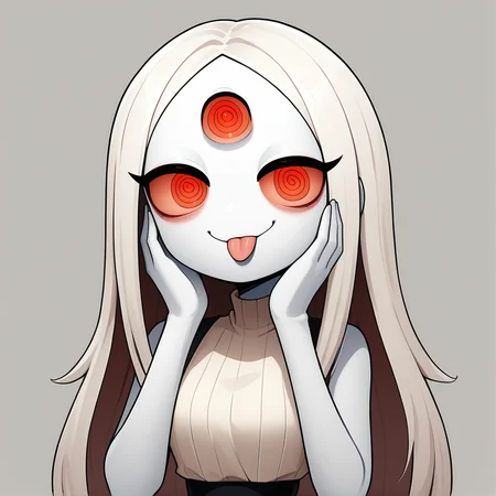 1hr9y9, <lora:1hr9y9-10:1.0>, narrow waist, long hair,  smug, extra eyes, looking to the side, looking at viewer, hand on own face, tongue out, cute face,