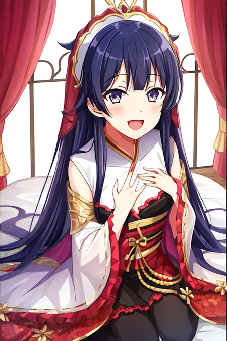 1girl, long_hair, solo, open_mouth, smile, looking_at_viewer, hand_on_own_chest, very_long_hair