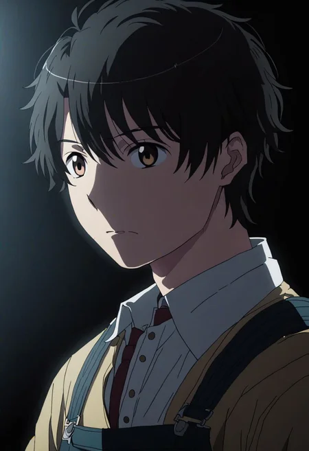 high resolution, solo, best quality, 1Boy, Inaho Kaizuka, Black Hair, Brown Eyes, cool, Mysterious black background, Movie lighting, a sense of atmosphere, OverallDetail