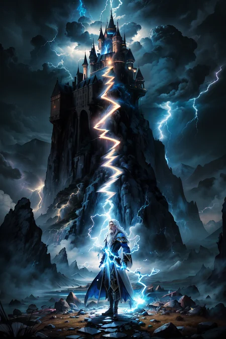(masterpiece, max quality, absurdres:1.4), colorful, perfect picture, wallpaper, 
full body shot of one man casting (blue lightning bolt spell:1.5), wizard, long white hair, brown eyes, long white beard, white flowing wizard robes, mountain with castle background, night sky with dark clouds,
detailed, intricate, detailed background, colorful, realistic background, realistic sky, good pose, dynamic pose, (cinematic, cinematic camera angle, perfect lighting, perfect shading), volumetric lighting, subsurface scattering
 <lora:add_detail:.5> <lora:muscle_slider_v1:-1> <lora:weight_slider_v2:-.5> <lora:fantasyV1.1:.25>