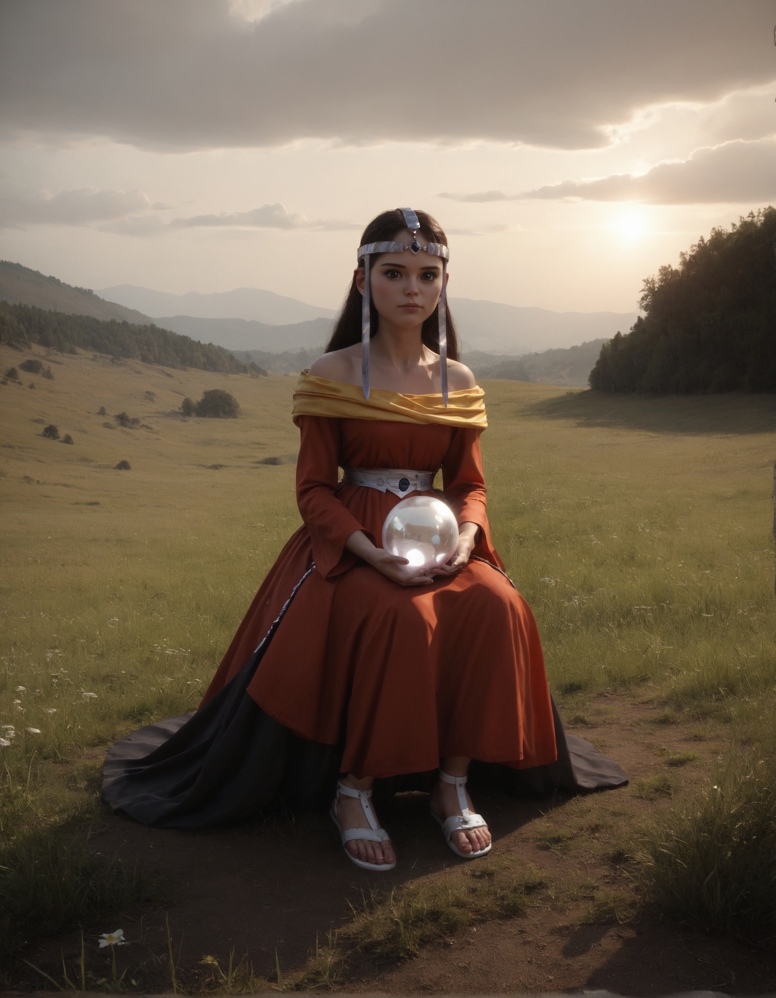 score_9, score_8_up, score_7_up,score_6_up,high resolution,3d,photo,realistic,mrl,1girl,solo,full body,in a field,dress,circlet,sandals,volumetric lighting,rim lighting,dof,dramatic shadow,crystal ball,looking at viewer,sitting