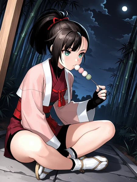 masterpiece,best quality,newest,1girl,solo,
<lora:yoshino_rinka_ilxl_v1.1:1>,
rinka,black hair,green eyes,r_clothes,fingerless gloves,socks,sandals,<lora:Fixhands_anime_bdsqlsz_V1:1>,dynamic_angle,cinematic_angle,bamboo forest,night,darkness,dark cloud,indian style,feeding,sitting_on_rock,dango,looking_up,looking ahead,
