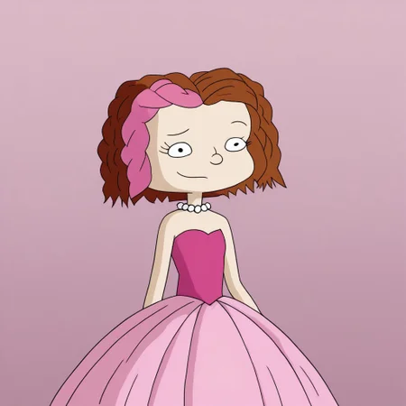 1girl, solo, short hair, brown hair, two-tone hair, pink hair, black eyes, Very long large straight tulle pink princess ball gown hoop skirt, ball gown hoop skirt, pink princess dress, white pearl necklace, hoopdress, my big princess gypsy wedding dress, ballgown, a girl in a dress posing like a princess for a picture, wearing a sleeveless ballgown, looking at viewer