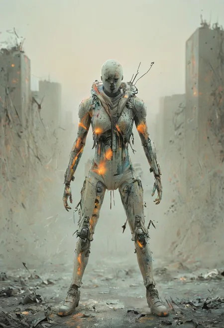 a combat cyborg, damaged, looking at the sunset over a faraway distopian city, colorful, muted rusted eroded paint, looking defeated,