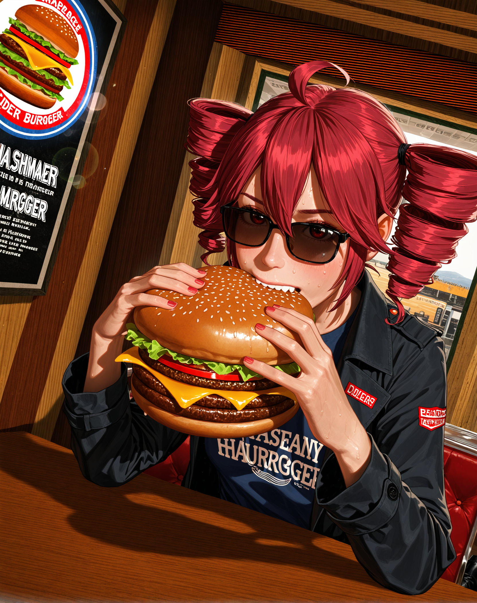 masterpiece, (realistic, scenery:1.3), outdoors, lens flare, best quality, amazing quality, very aesthetic, absurdres, newest, n0m0, sfw,  1girl, solo, kasane teto, red twintails, sunglasses, black trench coat open, plain blue t-shirt with no logo, blue jeans, black boots, (holding large hamburger with one hand:1.4), (biting into burger:1.3), (slight dutch angle:1.2), (leaning on diner table:1.2), close-up upper body, hot dusty Arizona street, faded signage, wooden restaurant exterior, heat shimmer in air, golden sunlight, harsh shadow under jawline, glowing skin tone, rim lighting, sweat glinting on cheek, wind-blown twintails, cinematic focus, <lora:dmd2_sdxl_4step_lora:1>, <lora:POSTAL_2_Style_Lora_V1.0_ILXL_DIM16_E04:1>