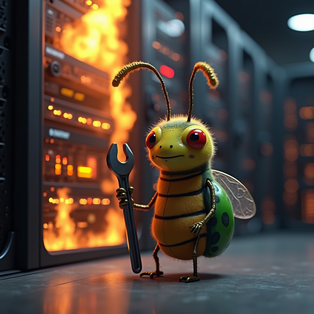 a cute anthropomorphic bug holding a wrench, standing in front of a server rack in the background that is smoking and beginning to catch fire