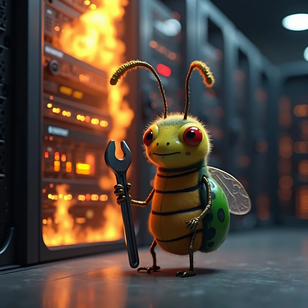 a cute anthropomorphic bug holding a wrench, standing in front of a server rack in the background that is smoking and beginning to catch fire