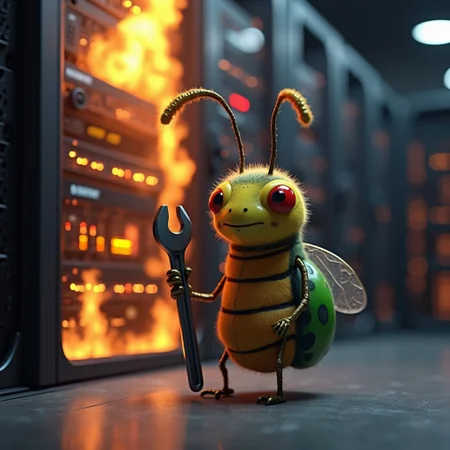 a cute anthropomorphic bug holding a wrench, standing in front of a server rack in the background that is smoking and beginning to catch fire