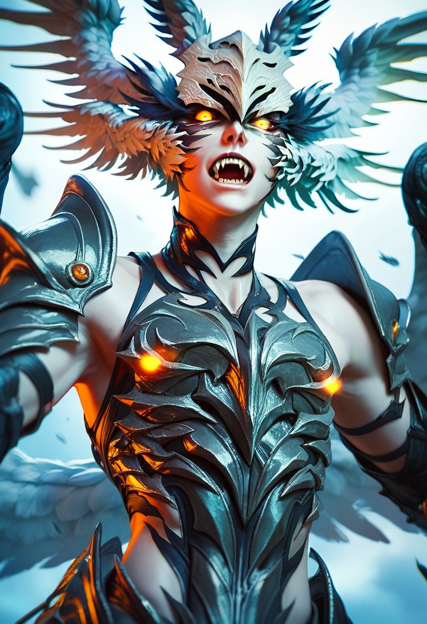 score_9,score_8_up,score_7_up,source_anime,Garuda,solo,looking at viewer,open mouth,1boy,yellow eyes,upper body,male focus,wings,teeth,armor,glowing,fangs,head wings,glowing eyes,
