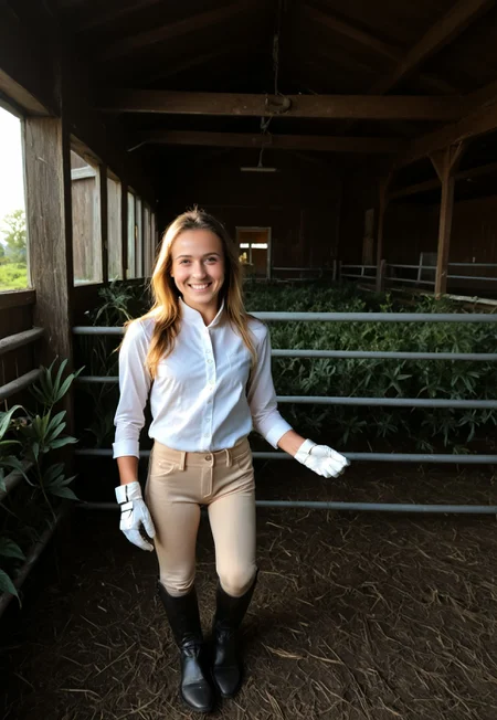 safe_pos, score_9, score_8_up, score_7_up, 1girl, (barn with lush green countryside:1.9), (18 year old female standing in front of barn:1.7), (detailed skin, realistic skin:1.8), (gorgeous dutch girl, cute smile:1.5), (perfect braided hair, blonde hair:1.6), (petite body, toned legs, thigh gap, small perky tits:1.5), <lora:ridingOutfitPony:1.0>, (wearing white gloves, white shirt, boots, long sleeves, beige leather pants:1.8), (cute smile:1.2), (blushing:0.9), BREAK (low-key lighting, dramatic shadows and subtle highlights:1.1), amateur photo, realistic lighting, photo, photorealistic, intricate detail, real, beautiful, confident, elegant, pure, Tower13_Tammy, realistic, y0uthful