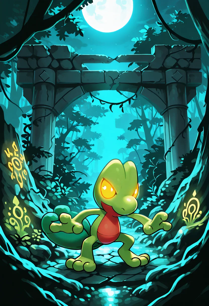 masterpiece, best quality, no humans, zzTreecko, jungle ruins, glowing glyphs, nighttime, moonlight, crouching pose, glowing eyes, stealthy atmosphere â Amid crumbling jungle ruins bathed in moonlight, Treecko crouches beside glowing ancient glyphs, its body still and silent. Vines coil around shattered stone pillars, and shadows flicker with the movement of distant wildlife. The cool air hums with tension as Treecko prepares to strike. , ,<lora:TreeckoPokedex_IXL:1.0>,