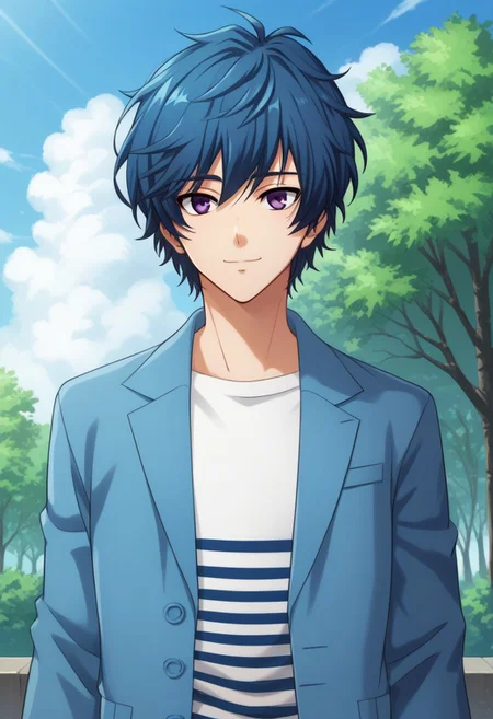 score_9, score_8_up, score_7_up, source_anime, highly detailed,
nanahoshi, 1boy, male focus, solo, striped shirt, jacket, blue jacket, open jacket, open clothes, blue hair, shirt, striped, purple eyes, looking at viewer,
upper body, smile
outdoor, sky, tree, cloud,