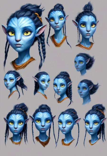 Character Design page of a young female Avatar navi alien with blue skin
