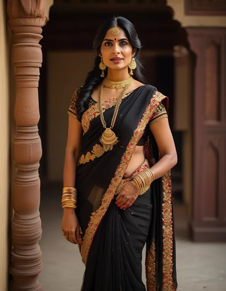 A full-body shot of a South Asian woman in a stunning, intricately embroidered sari. Her long, black hair is styled in a fishtail braid that drapes over her shoulder. She stands with poise and grace, her golden bangles jingling softly as she moves, her expression serene and dignified. <lora:usual-portrait-v2:1>