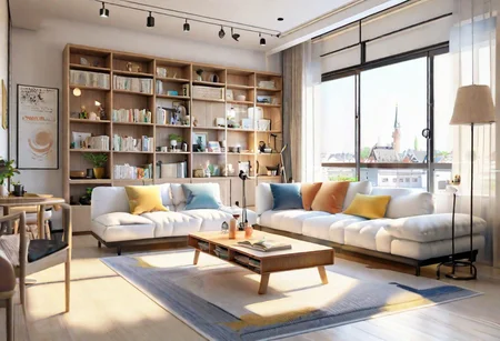 ((front view)), anime-style, modern-style interior, with white walls, (large windows), Nordic-style furniture, a  study, Sofa, coffee table, bookcase, single wall, 
warm light morning sun, (the view of the city)